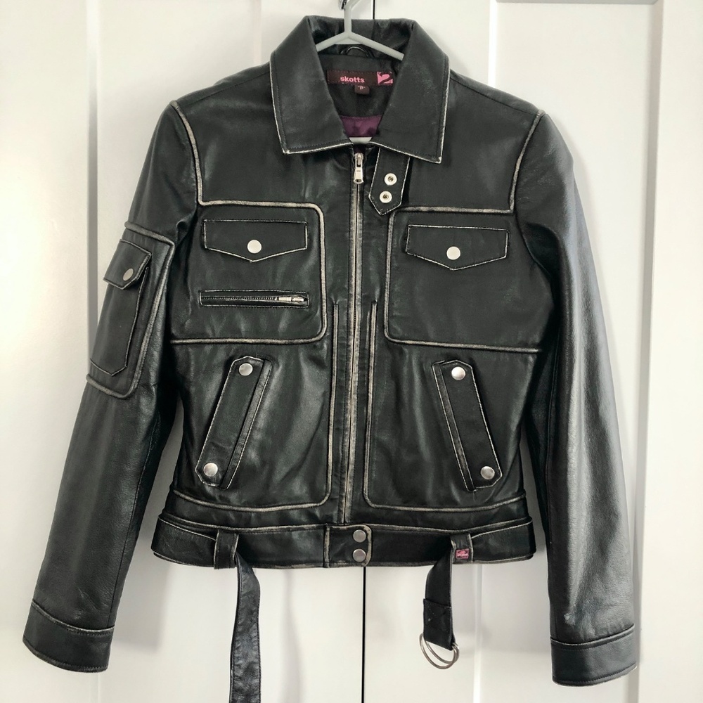 Leather Biker Jacket, Skotts, Vintage, Moto Jacket, Black, Distressed, Size S